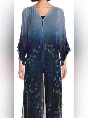 NEW Plus Sz 1X Slim Factor Investments Forest Leaves Lightweigt Duster Blue $99